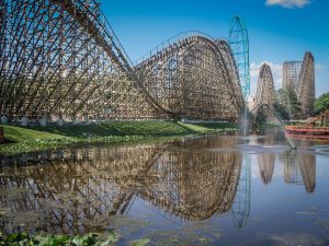 El Toro and Kingda Ka at Six Flags Great Adventure lake reflection